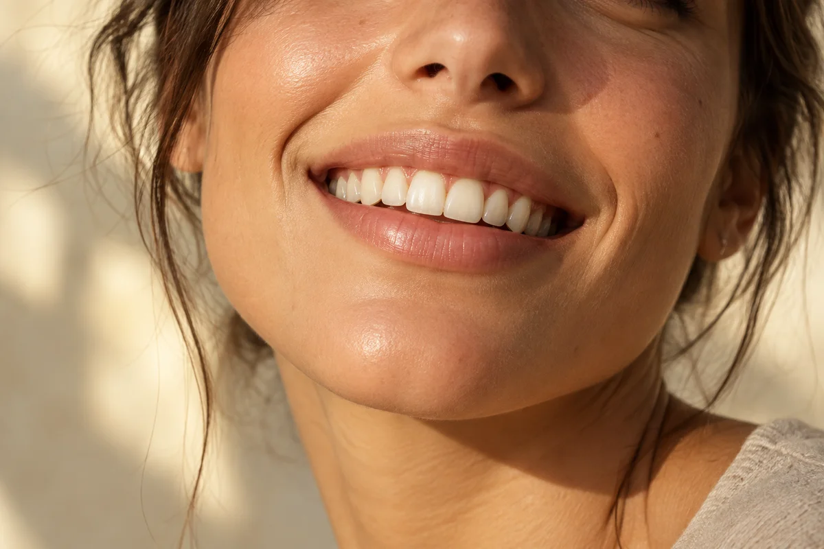 Fotografia conceitual gerada por IA: detalhe de sorriso natural de pessoa fictícia. Não representa resultado de tratamento.