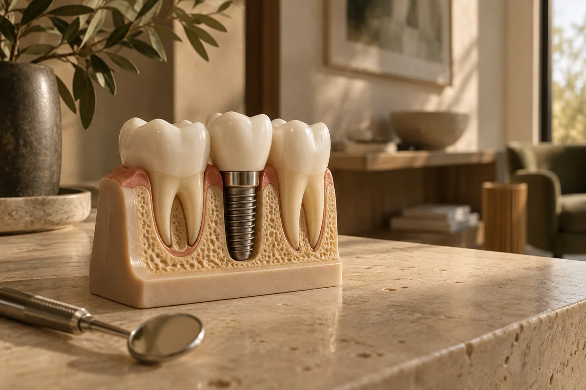 Fotografia conceitual gerada por IA: modelo educativo de dentes e implante dental sobre bancada de consulta.