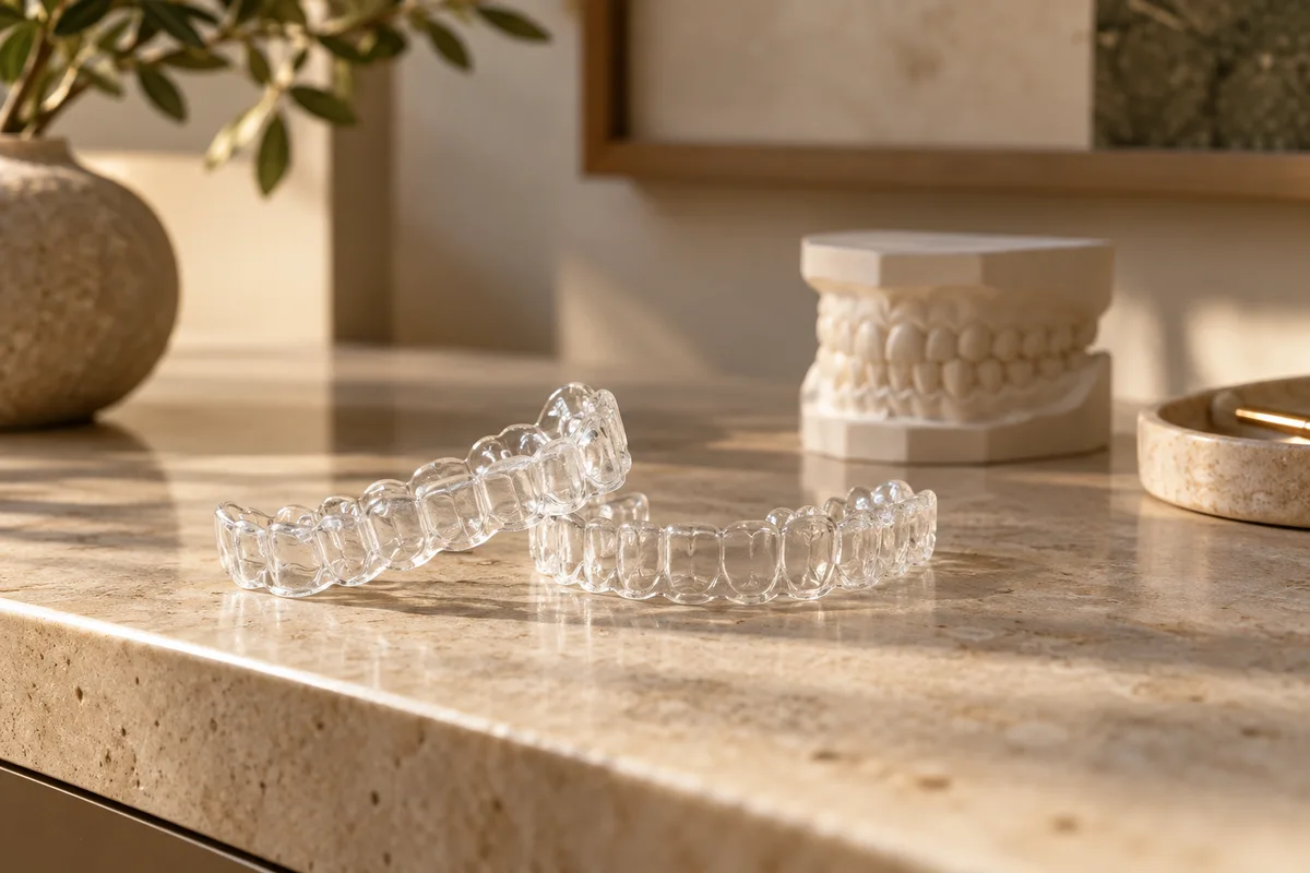 Fotografia conceitual gerada por IA: alinhadores transparentes sobre bancada de pedra, com modelo dental ao fundo.