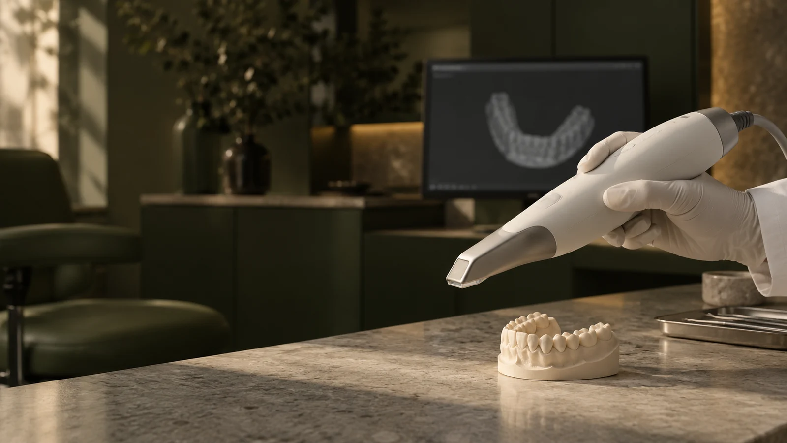 Fotografia conceitual gerada por IA: mão com luva segurando scanner intraoral junto a modelo dental, em sala de consulta.