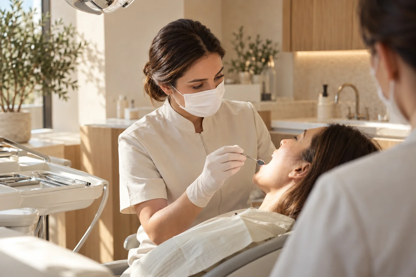 Fotografia conceitual gerada por IA: dentista fictícia com máscara e luvas durante avaliação odontológica de paciente, com outro profissional ao fundo.